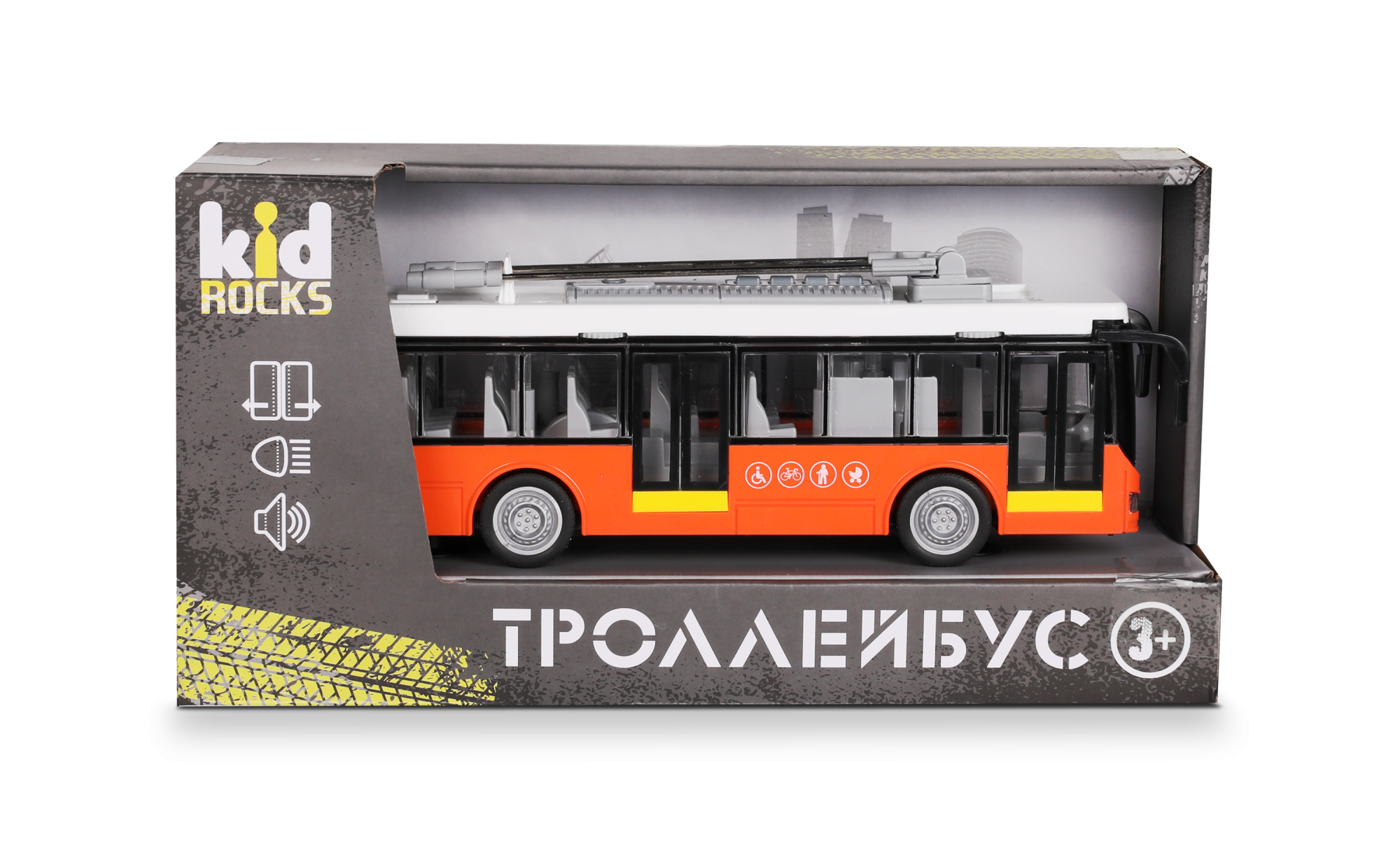 Игрушка -троллейбус KID ROCKS, масштаб 1:16, со звуком и светом, инерц. механизм