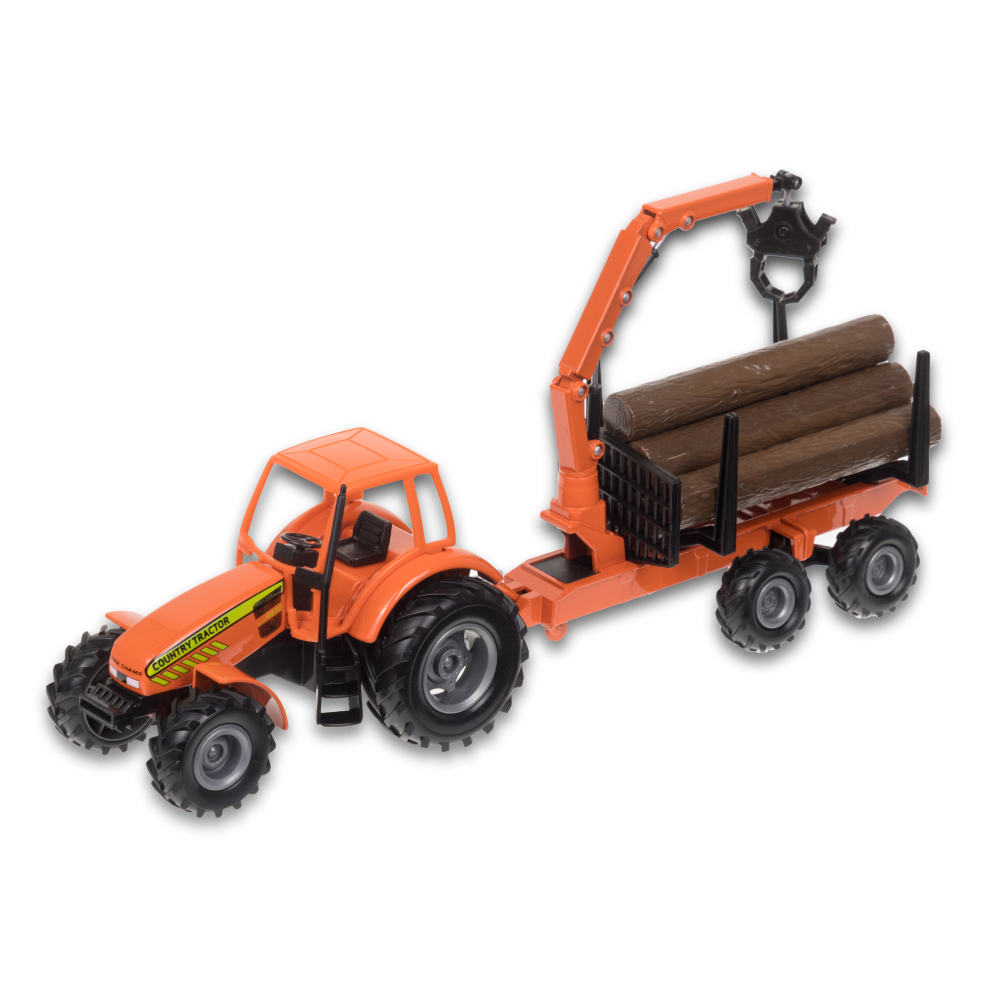 Трактор WELLY с бревнами на прицепе, 16 см, инерц. мех., оранжевый