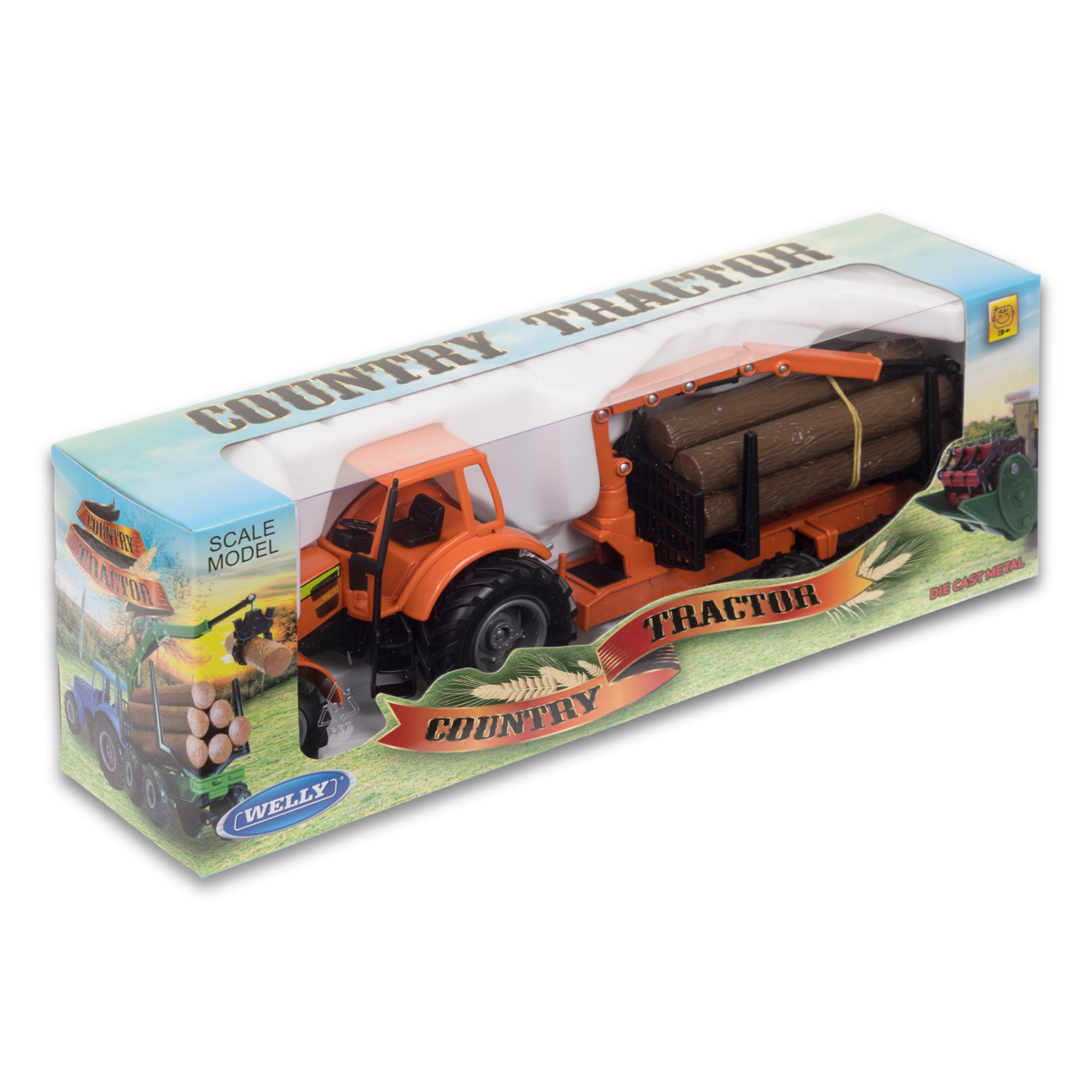 Трактор WELLY с бревнами на прицепе, 16 см, инерц. мех., оранжевый