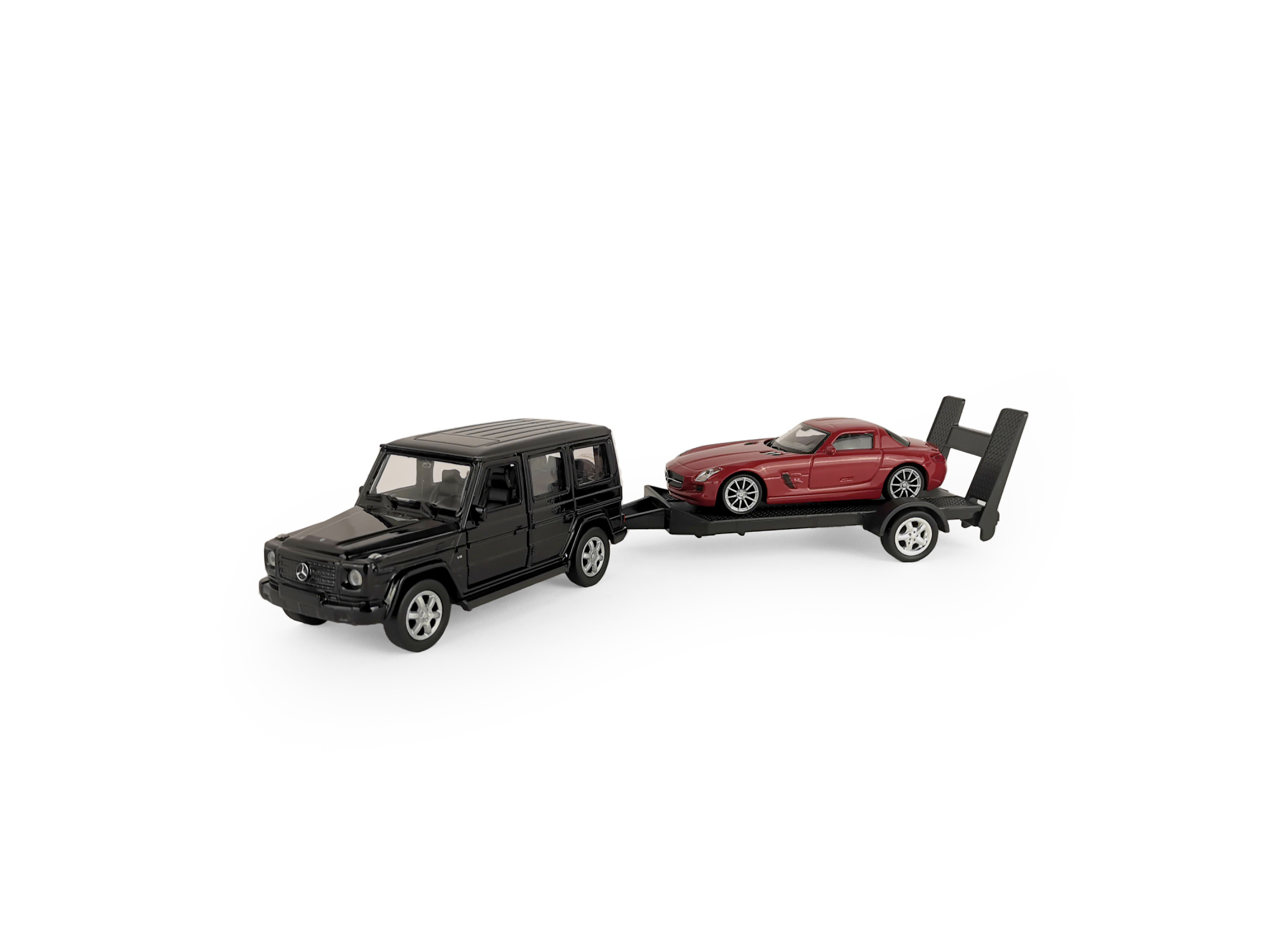 Набор WELLY 1:38, Mercedes-Benz G-Class, Mercedes-Benz SLS AMG, с прицепом, 2 шт. Набор WELLY 1:38, Mercedes-Benz G-Class, Mercedes-Benz SLS AMG, с прицепом, 2 шт.
