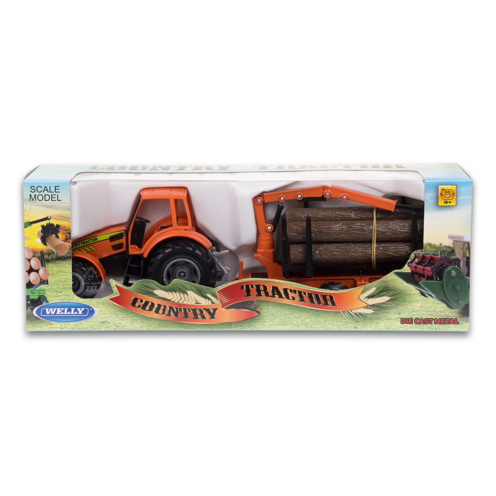Трактор WELLY с бревнами на прицепе, 16 см, инерц. мех., оранжевый